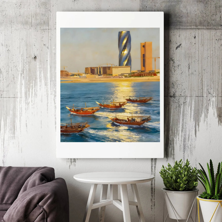 Bahrain Skyline Canvas Print | Traditional Dhow Boats & United Tower | Premium 1.25” Gallery Wrap | Modern Home Office Decor Wall Art