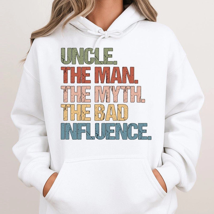 Uncle The Man The Myth The Bad Influence Hoodie | Distressed Retro Graphic | Premium Cotton-Poly Blend | Funny Gift for Uncle Birthday