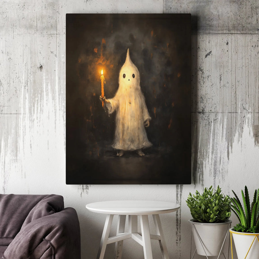 Cute Ghost with Candle Canvas Print | Dark Academia Gothic Horror Painting | Premium Frameless Gallery Wrap | Halloween Decor Collector's Gift