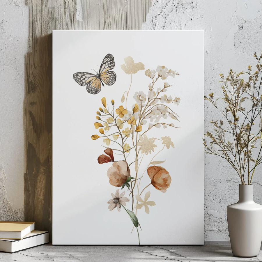 Watercolor Butterfly Wildflower Canvas | Neutral Botanical Floral Wall Art | Premium 1.25-inch Gallery Wrap | Modern Farmhouse Living Room Decor
