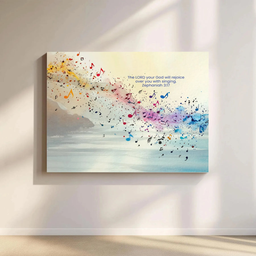 Zephaniah 3:17 Canvas Wall Art | Colorful Music Notes Scripture Decor | Premium Fade-Resistant Gallery Print | Christian Home Gift