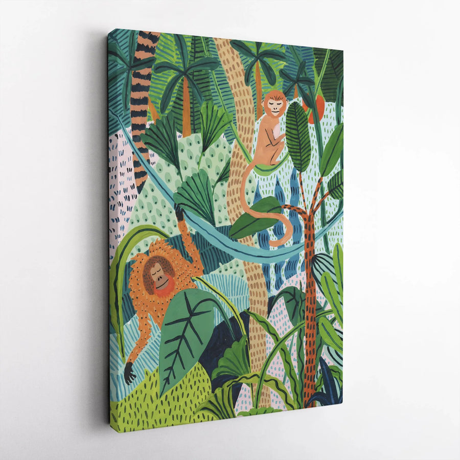 Jungle Monkey Canvas Print | Vibrant Rainforest Scene with Orangutan | Premium Gallery Wrapped Canvas | Modern Kids Room & Nursery Decor Gift