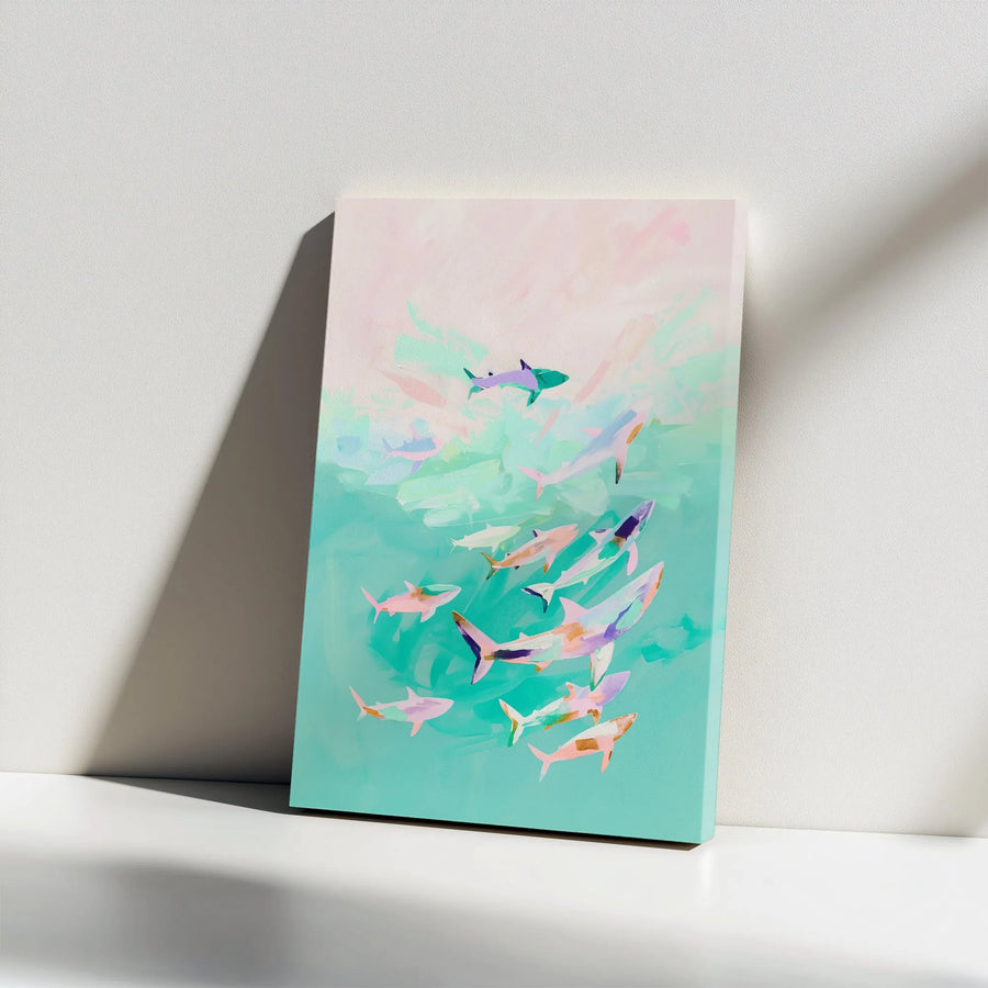 Abstract Shark Canvas Wall Art | Painterly School of Sharks Print in Pastel Colors | Premium Thick Gallery Wrapped Canvas | Modern Coastal Home Decor Gift
