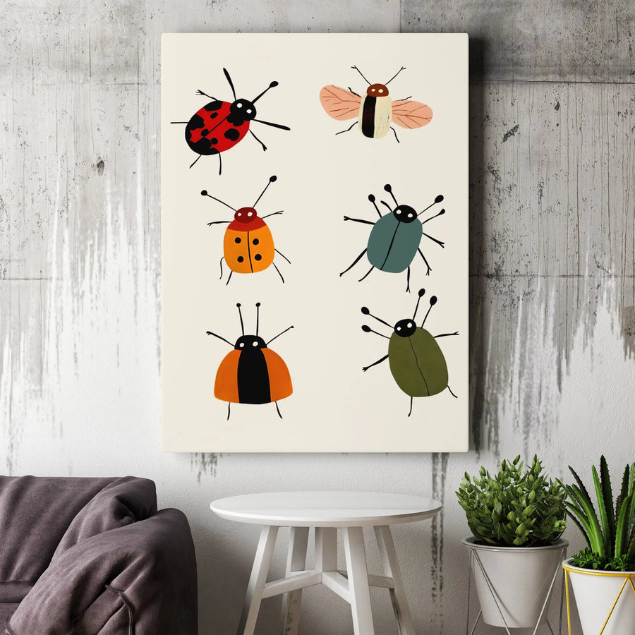 Cute Bug Canvas Art Print | Colorful Insect Illustration Wall Decor | 1.25 Inch Premium Gallery Wrap | Nursery Room & Kids Bedroom Gift