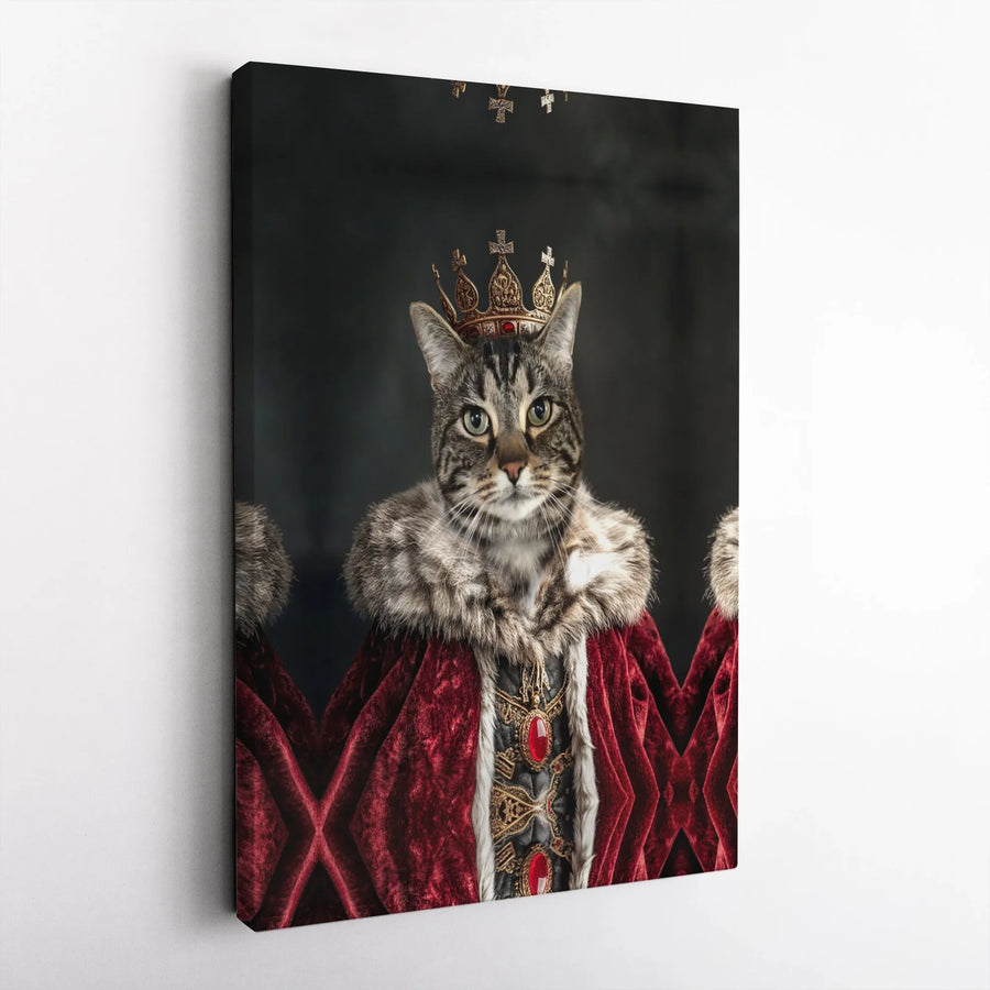 Royal Tabby Cat Portrait Canvas | Regal King Crown Wall Art | Premium Gallery Wrap Decor | Funny Pet Lover Gift for Office or Home