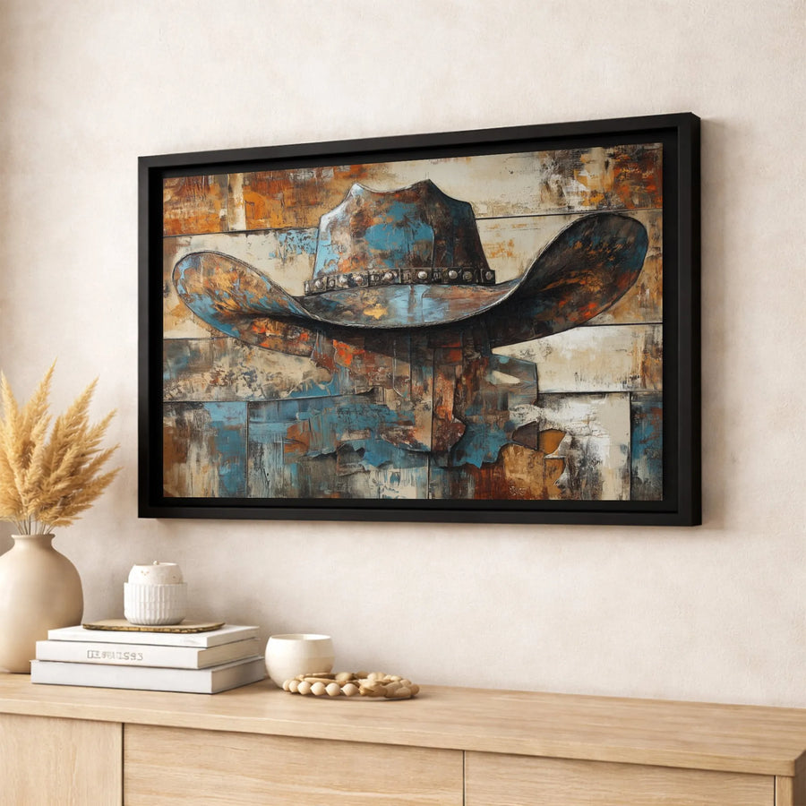 Western Cowboy Hat Canvas Art | Rustic Abstract Wall Decor | Premium Fade-Resistant Print | Framed or Unframed Gallery Quality Art for Home