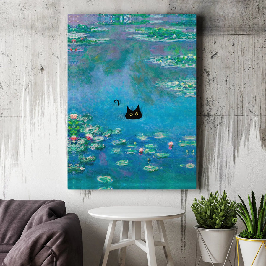 Black Cat Canvas Wall Art | Impressionist Water Lilies Pond Painting | Premium Gallery Wrap Print | Whimsical Gift For Cat Lovers
