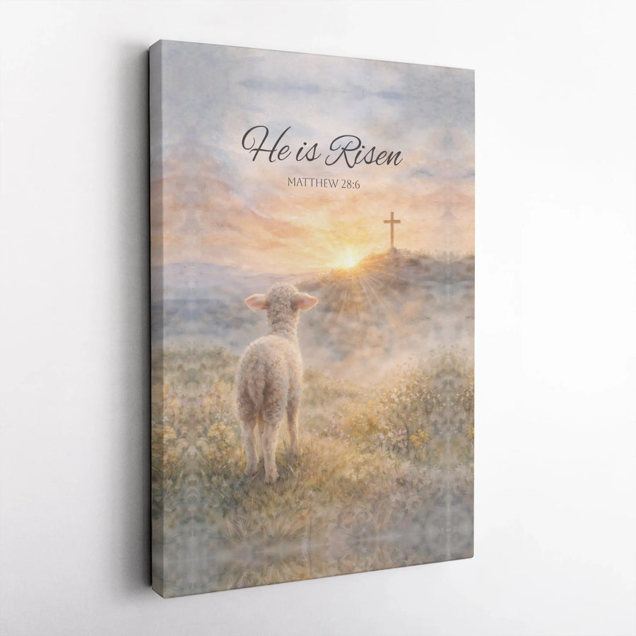 He is Risen Canvas Wall Art | Christian Easter Bible Verse Decor | Premium Watercolor Lamb & Cross Print | Inspirational Religious Gift