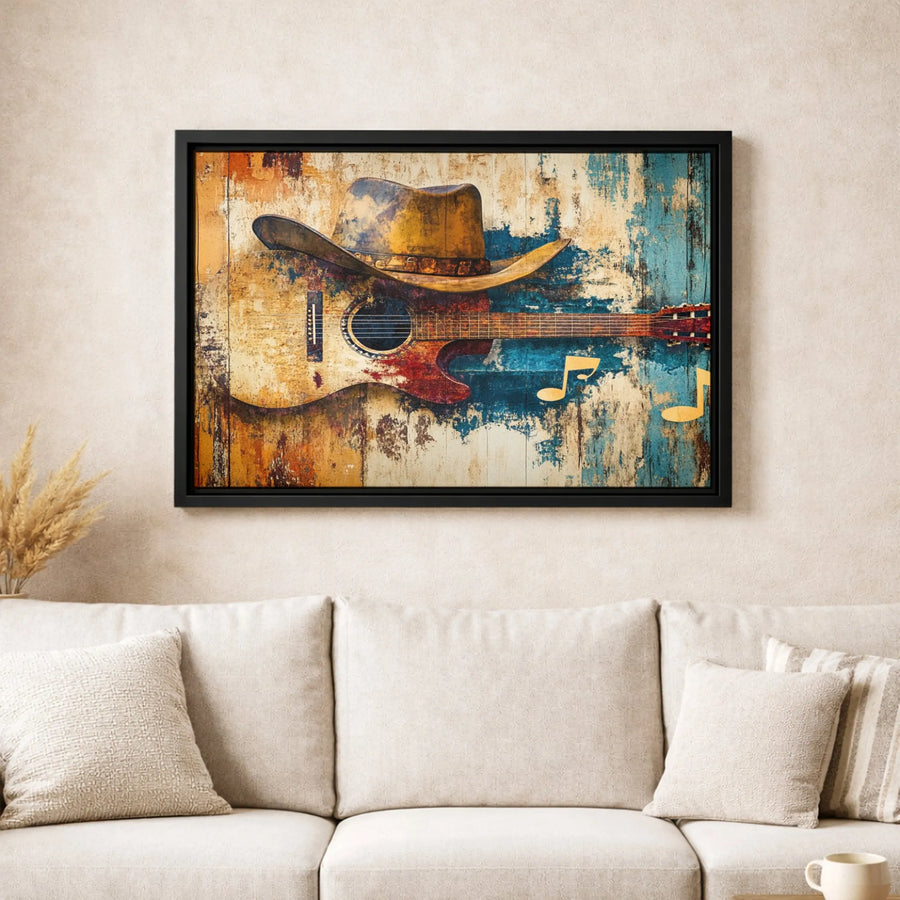 Rustic Country Music Wall Art | Cowboy Hat on Acoustic Guitar Print | Premium Gallery Wrapped Canvas | Western Home Decor Gift for Guitarist