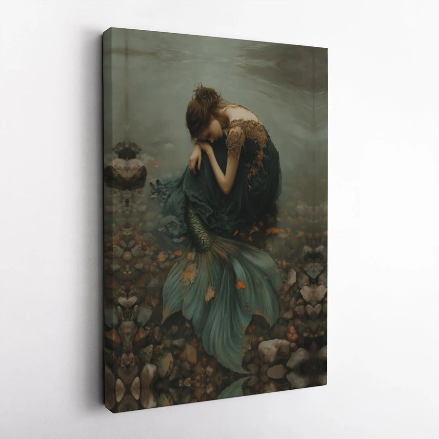 Melancholy Mermaid Wall Art | Gothic Fantasy Underwater Portrait | Premium Gallery-Wrapped Canvas | Ethereal Coastal Decor For Bedroom & Home