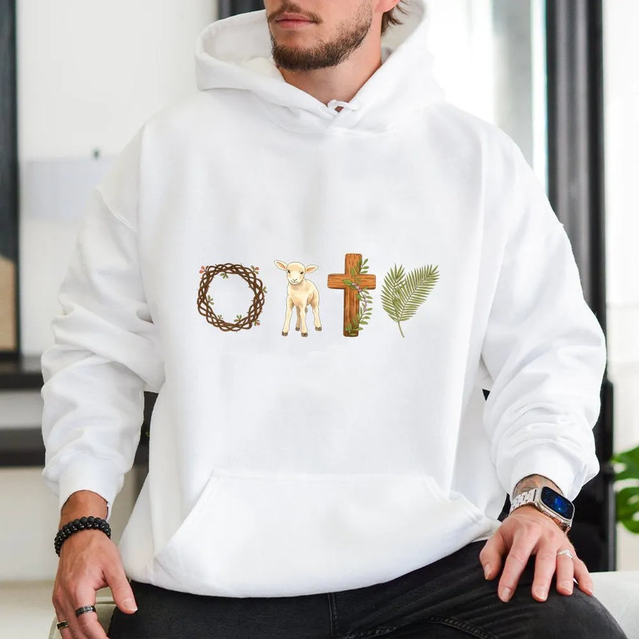 Easter Lamb and Cross Hoodie | Religious Crown of Thorns Graphic | Premium Cotton Blend | Unisex Christian Faith Gift