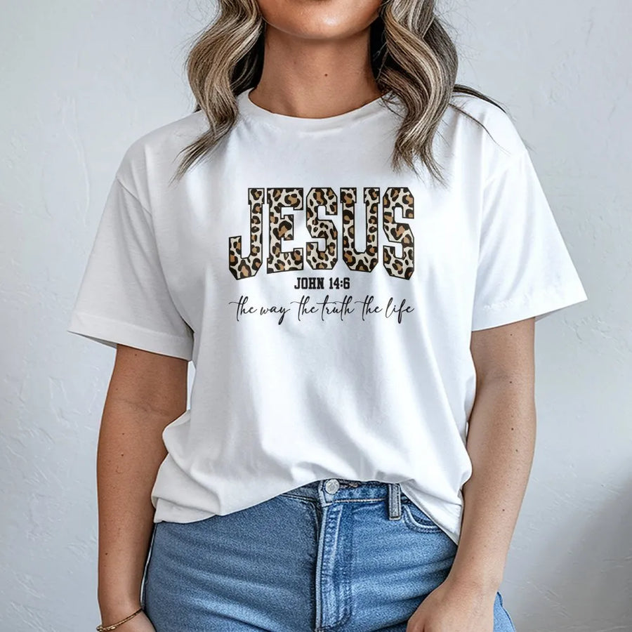 Jesus Bible Verse T-Shirt | Leopard Print Graphic Aesthetic | Soft Cotton Premium Quality | Christian Faith Gift for Men and Women