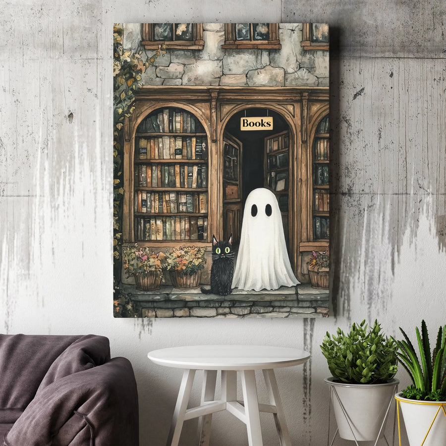 Ghost Reading Books Canvas Wall Art | Whimsical Bookstore Cat Decor | Gallery Wrapped Premium Print | Spooky Academia Gift for Book Lovers