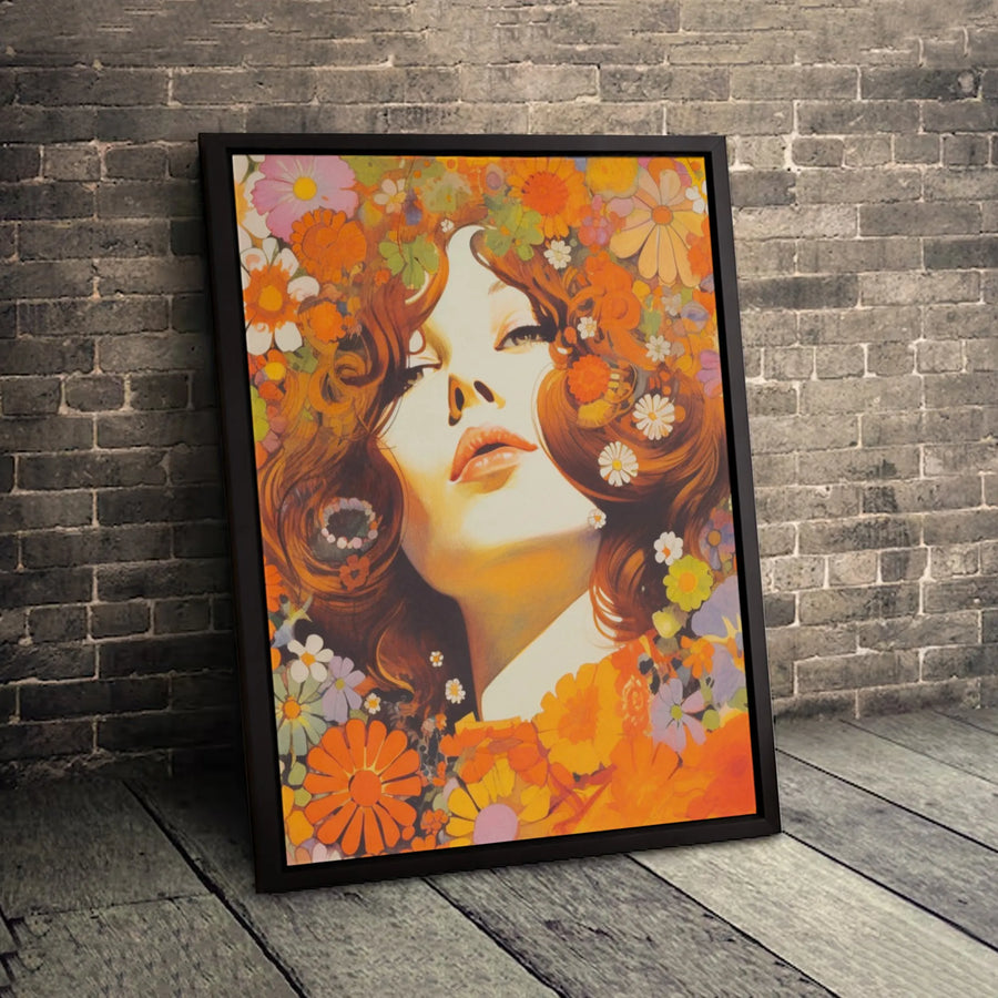 Retro 70s Flower Power Portrait Canvas | Vintage Floral Woman Art Print | 1.25 Inch Gallery Wrap | Aesthetic Boho Home Decor Gift