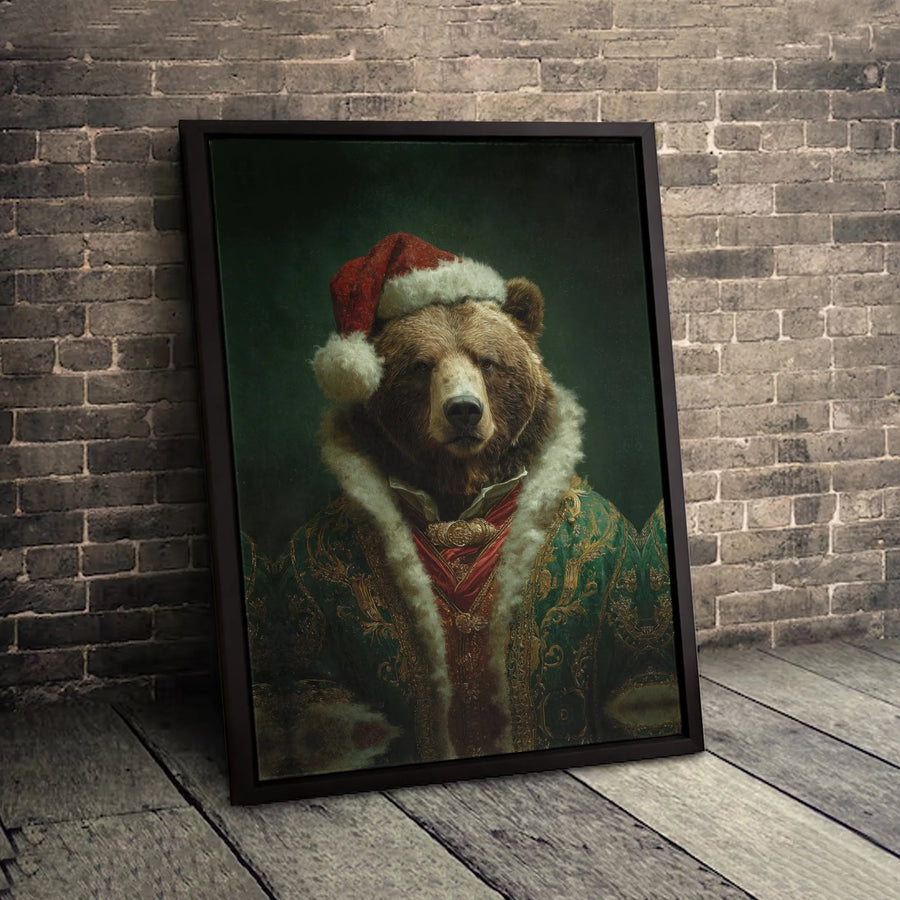 Christmas Bear Canvas Wall Art | Renaissance Style Animal Portrait | Premium Gallery Wrap Print | Holiday Home Decor Gift for Animal Lovers