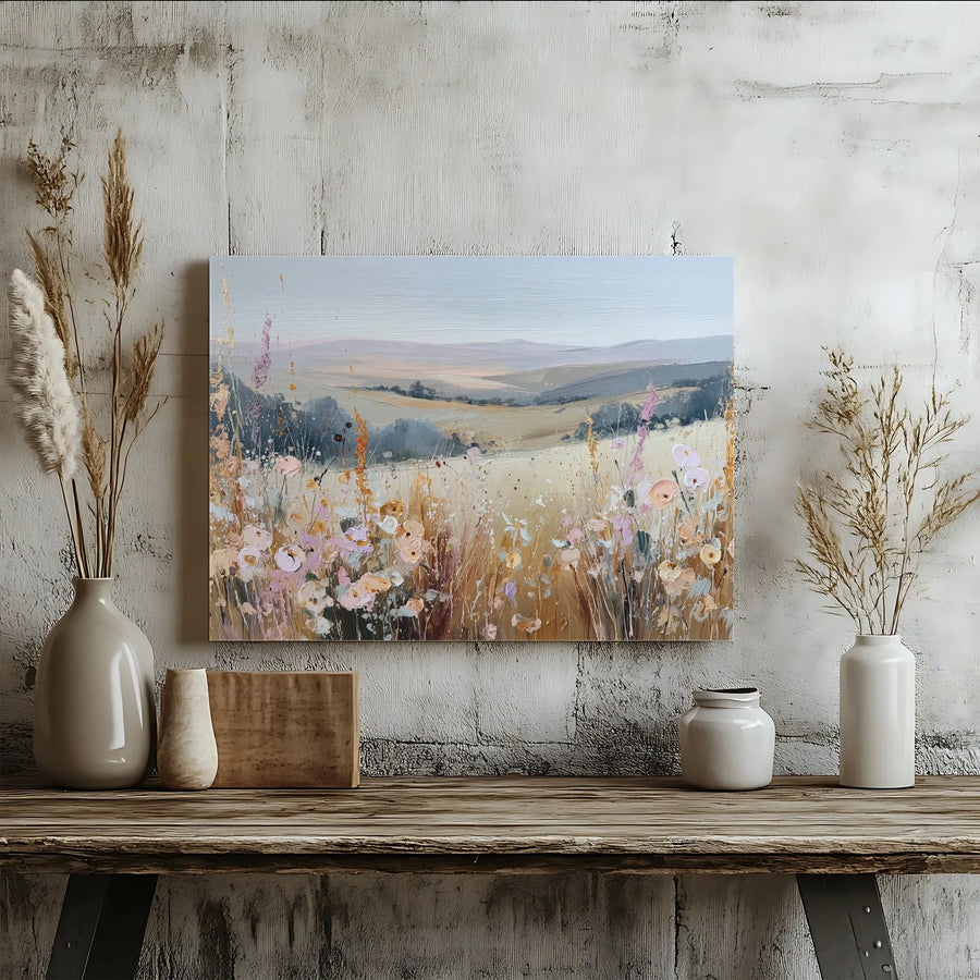 Wildflower Meadow Landscape Canvas | Impressionist Floral Wall Art | Premium Gallery-Wrapped Print | Modern Farmhouse Living Room Decor