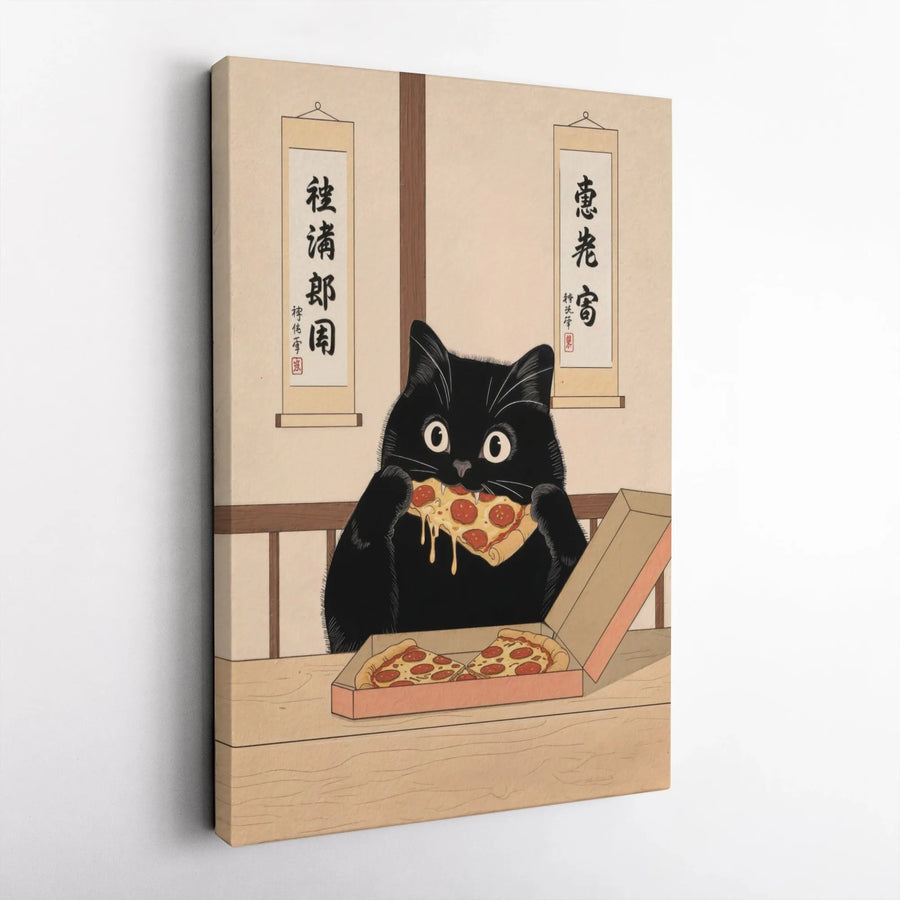 Japanese Ukiyo-e Black Cat Canvas Art | Funny Pizza Lover Wall Decor | Premium 1.25" Gallery Wrap | Quirky Gift for Cat Owners & Foodies
