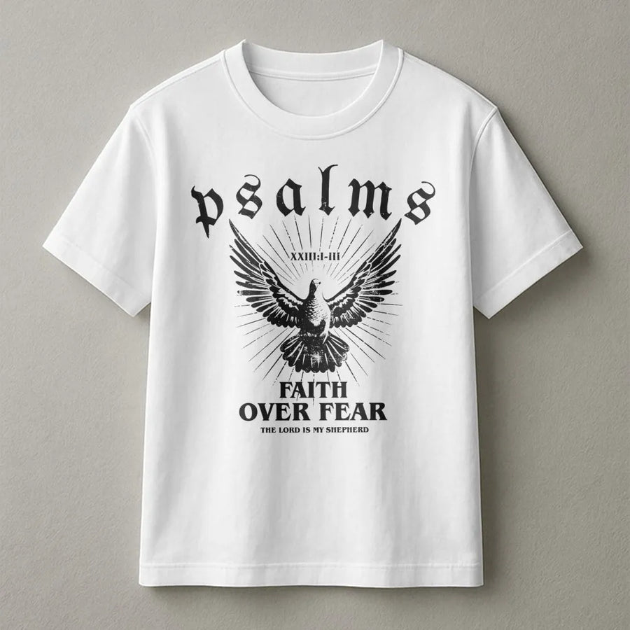 Faith Over Fear T-Shirt | Psalms 23 Bible Verse Dove Graphic | Premium Cotton Religious Apparel | Christian Gift for Men and Women