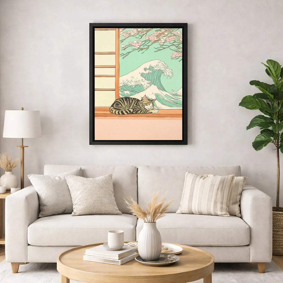 Ukiyo-E Cat Canvas Wall Art | Japanese Great Wave & Cherry Blossom Decor | Premium 1.25-Inch Gallery Wrap | Unique Gift for Cat Lovers