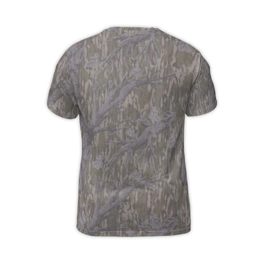 Love Jesus Hunt Deer T-Shirt | Camo Tree Pattern Graphic Tee | Premium Stretch Polyester | Religious Hunting Gift for Men & Outdoorsmen