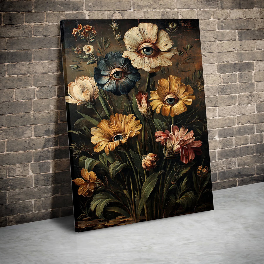 Surreal Eyeball Flower Vertical Canvas | Vintage Gothic Botanical Art Print | Premium Gallery Wrapped Wall Decor | Unique Collector's Gift for Oddity Lovers