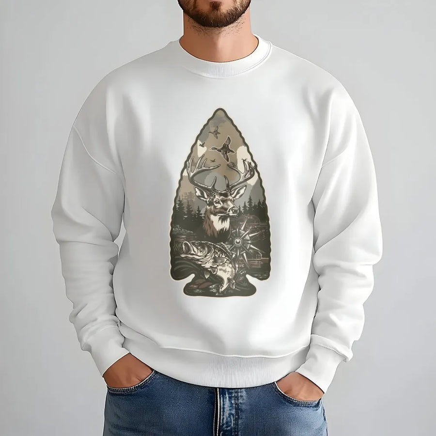 Hunting Sweatshirt for Men | Arrowhead Wildlife Graphic with Deer, Duck & Fish | Soft Cotton Blend | Gift for Hunter and Outdoorsman