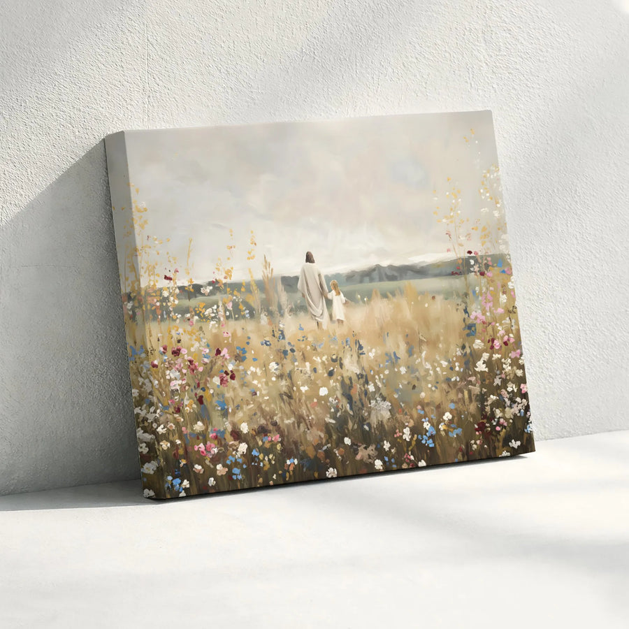 Jesus Walking With Child Canvas Print | Religious Wildflower Meadow Art | Gallery-Quality 1.25" Profile | Christian Home Decor Gift
