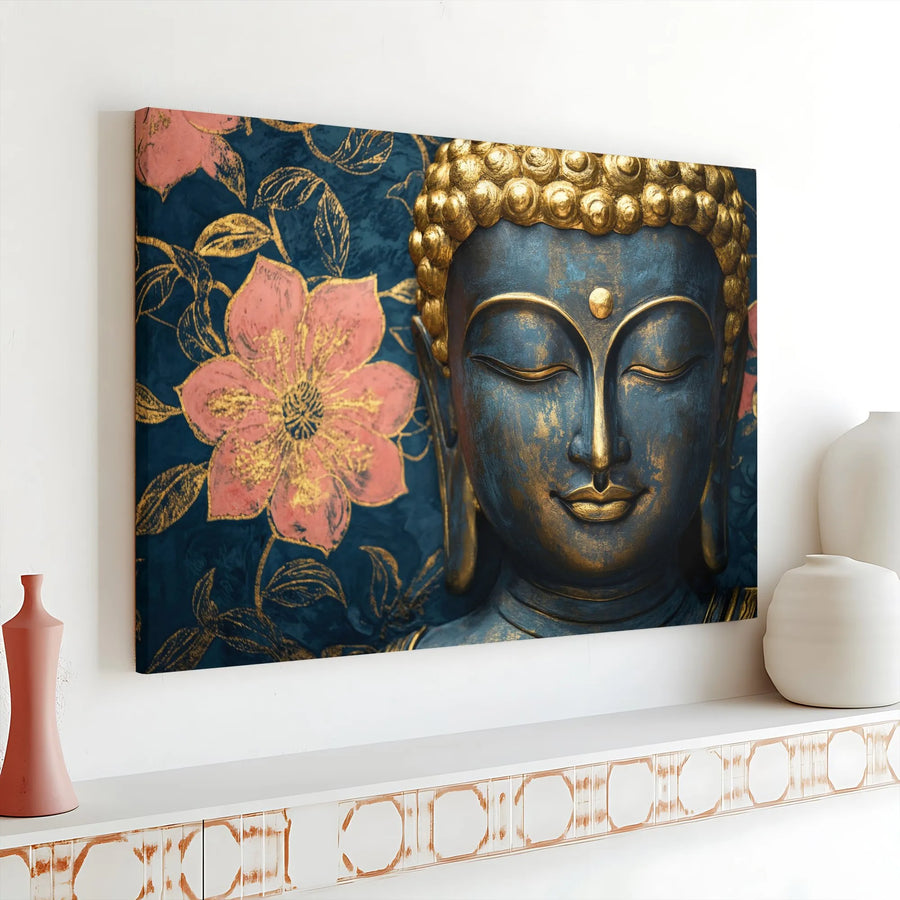 Buddha Canvas Wall Art | Blue and Gold Floral Zen Design | 1.25-Inch Gallery Wrap | Premium Spiritual Home Decor Gift
