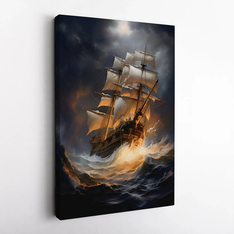 Vintage Tall Ship Canvas Wall Art | Dramatic Stormy Sea Painting | Premium 1.25" Thick Gallery Wrap | Nautical Home Decor Gift for Men