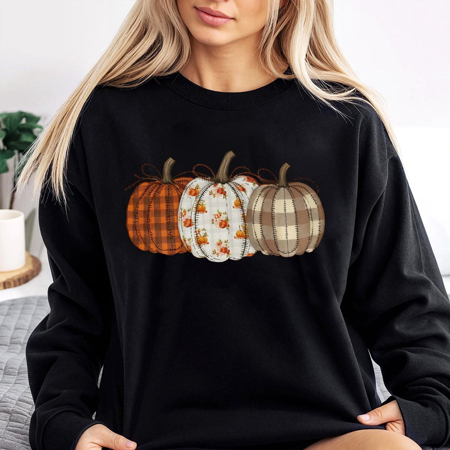 Pumpkin Sweatshirt | Patchwork Boho Fall Design | Premium Cotton Blend | Cute Autumn Harvest Gift for Women