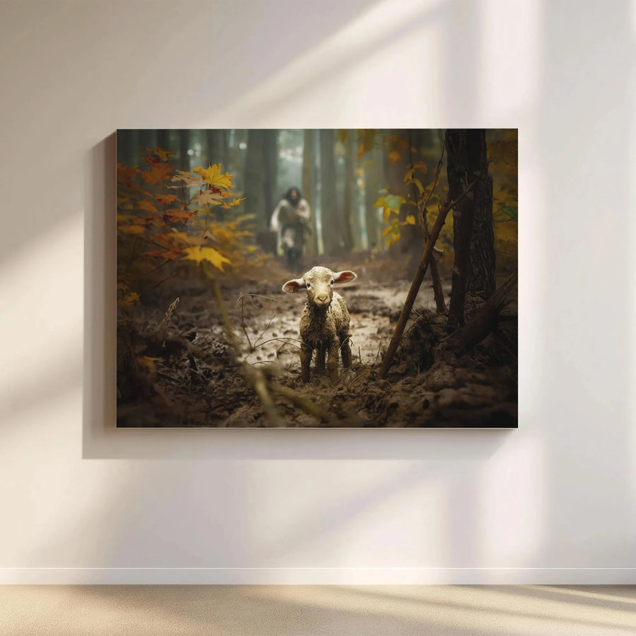 Jesus The Good Shepherd Canvas | Lost Lamb In Forest Art | 1.25 Inch Gallery Wrap | Christian Home Decor Gift