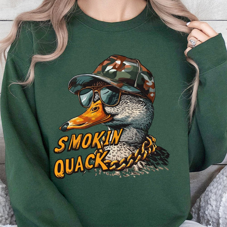 Smokin Quack Duck Sweatshirt | Funny Urban Camo Hat Design | Premium Cotton Blend | Quirky Gift for Duck Hunters and Bird Lovers