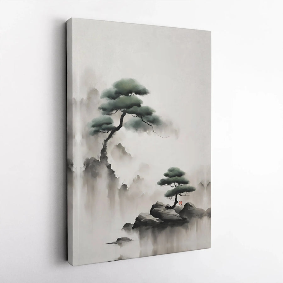 Japanese Pine Tree Canvas Wall Art | Zen Sumi-e Ink Wash Painting | Premium Gallery Wrap Decor | Minimalist Living Room Home Gift