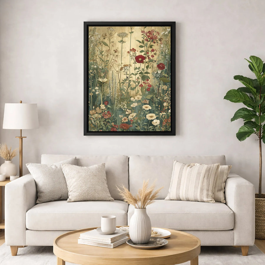 Vintage Botanical Wildflower Canvas Print | Gold Meadow Floral Art | Gallery-Wrapped Premium Wall Decor | Nature Inspired Gift for Home