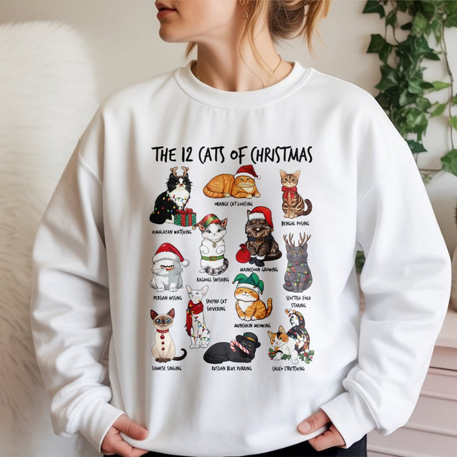12 Cats Of Christmas Sweatshirt | Festive Holiday Pet Graphic | Premium Cotton Blend | Funny Xmas Gift For Cat Lovers