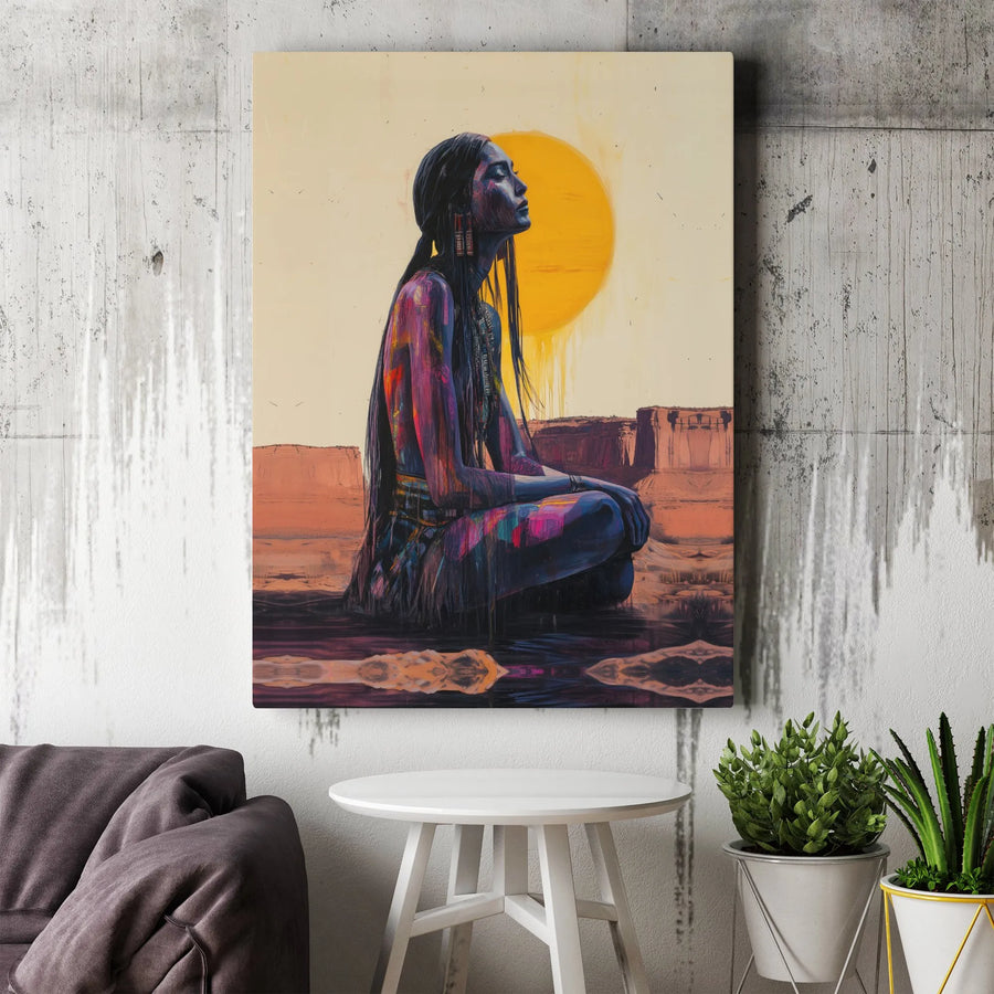 Native American Woman Wall Art | Abstract Meditating Portrait | Premium Gallery Wrapped Canvas | Southwestern Home Decor Gift