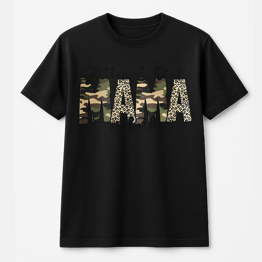 Glitter and Dirt Mama T-Shirt | Camo Leopard Print Graphic | Premium Soft Cotton | Funny Mom Gift for Her