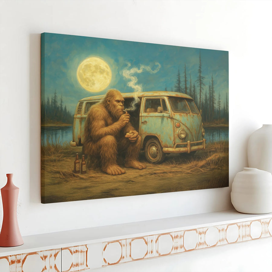 Bigfoot Wall Art Canvas | Smoking Sasquatch by Retro Van | Premium Gallery Wrap Decor | Unique Man Cave Gift for Cryptid Lovers