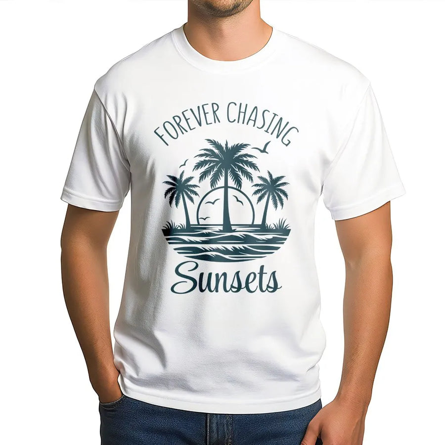 Chasing Sunsets T-Shirt | Coastal Palm Tree Graphic Pullover | Soft Cotton Blend | Summer Vacation Gift for Beach Lover