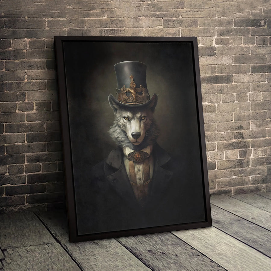 Steampunk Wolf Canvas Print | Gentleman Animal Portrait Wall Art | Premium Fade-Resistant Gallery Wrap | Gothic Victorian Home Decor Gift
