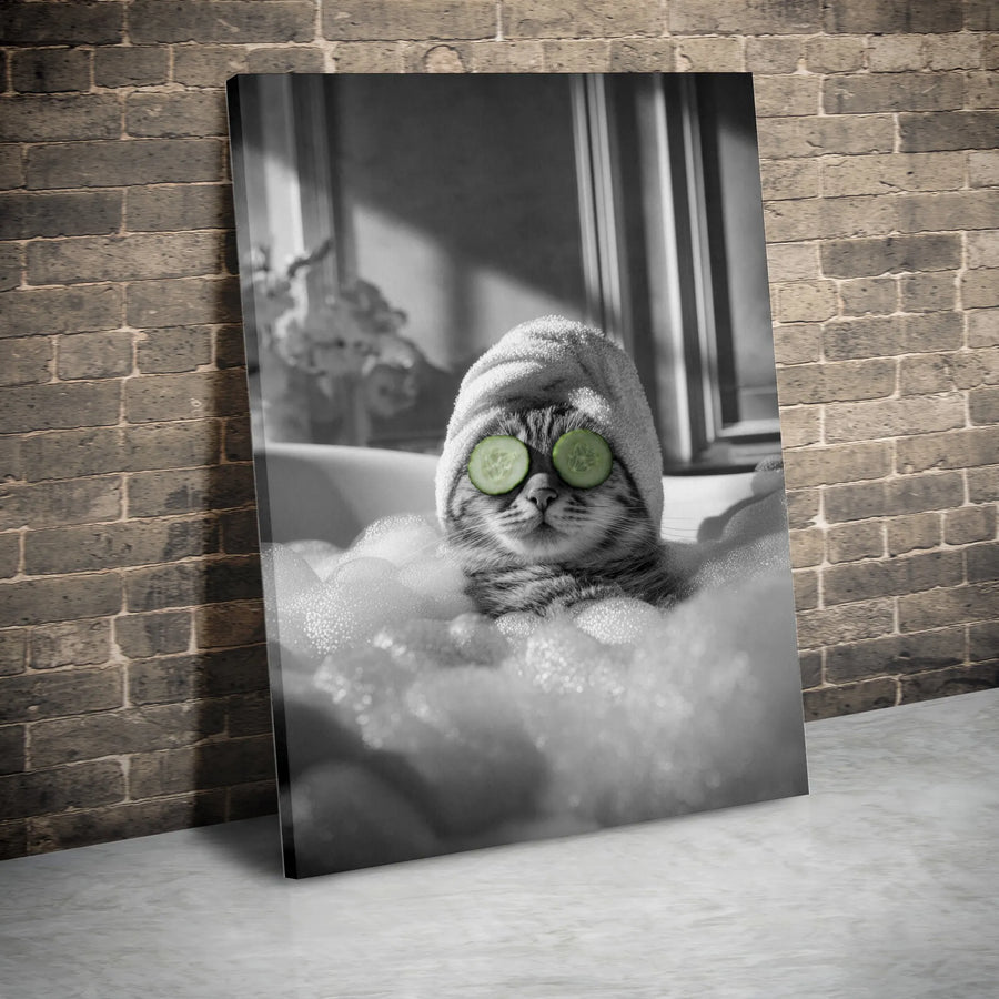 Funny Cat in Bubble Bath Canvas | Spa Day Kitten Wall Art | 1.25-Inch Premium Gallery Wrap | Whimsical Bathroom Decor Gift for Pet Lovers