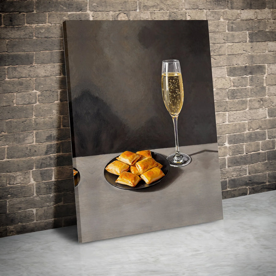 Champagne And Pizza Rolls Still Life Canvas Art | Humorous Foodie Wall Decor | Premium 1.25" Gallery Wrap | Funny Kitchen Bar Print Gift
