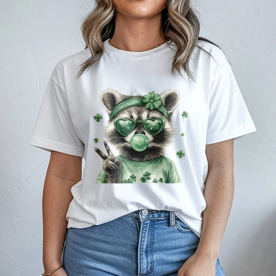 St Patrick's Day Raccoon T-Shirt | Retro Bubble Gum Graphic Tee | Premium Cotton Unisex Shirt | Cute Irish Shamrock Gift for Men and Women