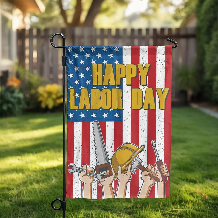 Happy Labor Day Garden Flag | American Flag Tools Design | Premium Weather-Resistant Polyester | Patriotic Outdoor Yard Decor Gift