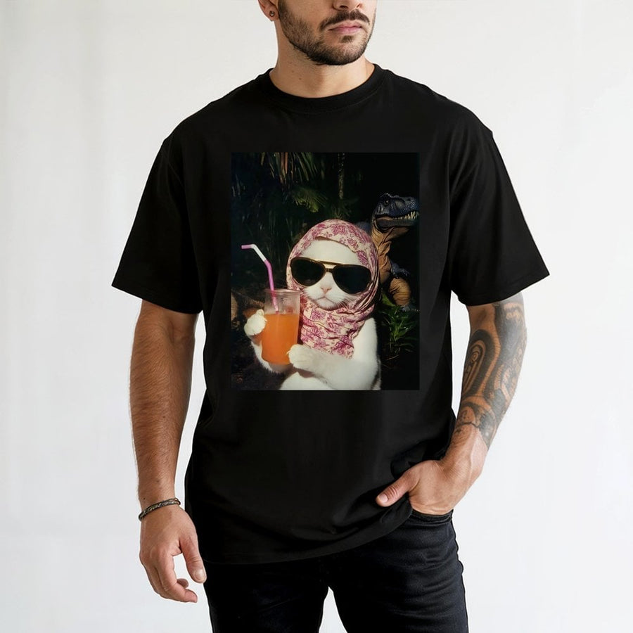 Chill Girl Cat Graphic T-Shirt | Funny Retro Meme Dinosaur Design | 100% Cotton Premium Unisex Tee | Trendy Gift for Cat Lovers