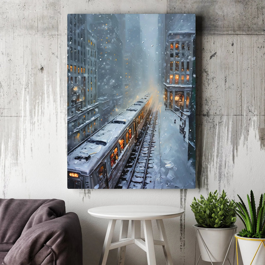 Snowy City Train Canvas Wall Art | Impressionist Urban Winter Landscape | Premium Gallery Wrap Decor | Ready To Hang Gift For City Lovers