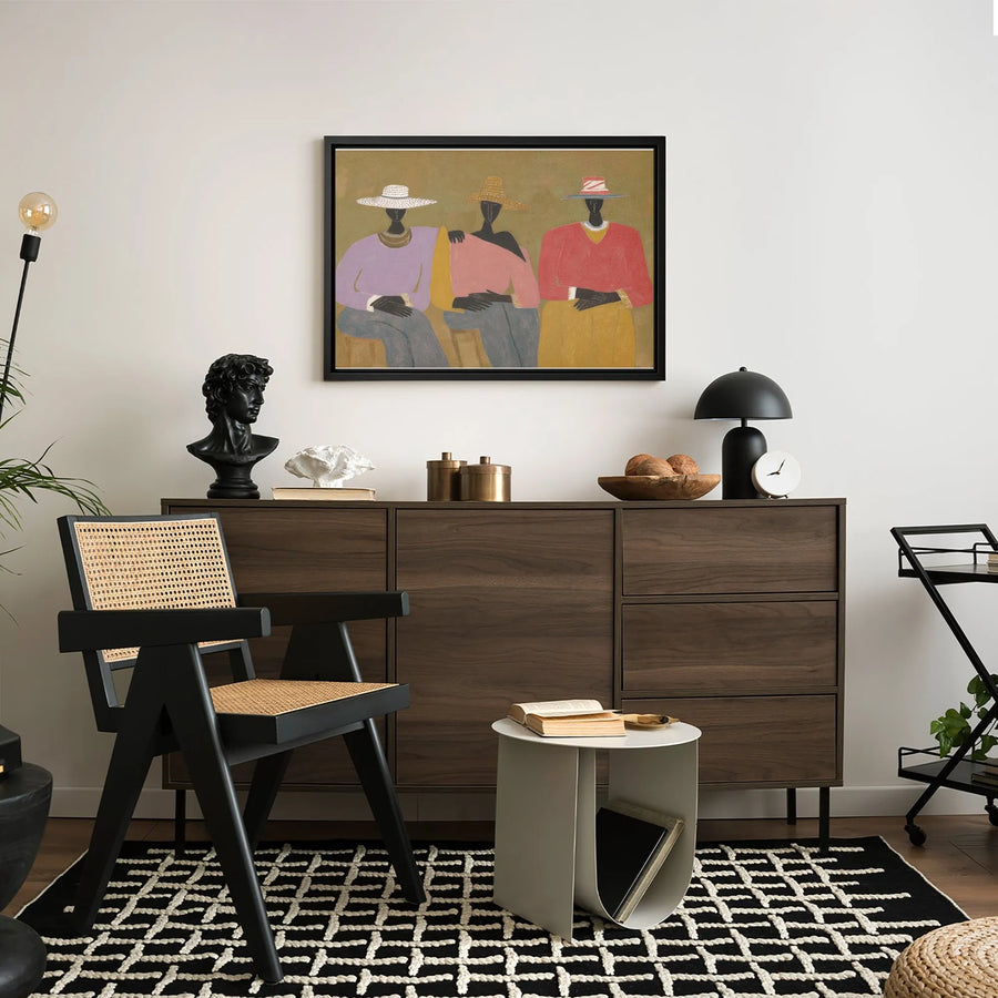 Three Women Seated Art Canvas | Abstract Fashion Illustration Wall Decor | Premium Gallery Wrap Print | Modern Aesthetic Home Gift