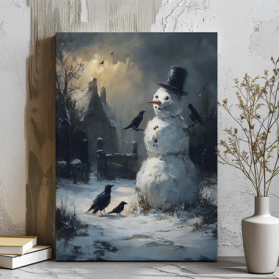 Snowman Canvas Wall Art | Dark Winter Cottage Scene with Crows | Premium Gallery Wrap Decor | Moody Christmas Holiday Gift for Home