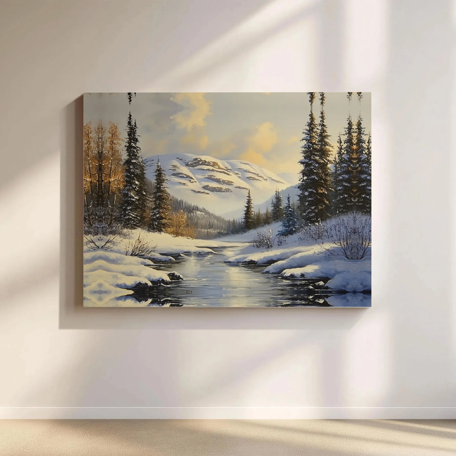 Snowy Mountain River Canvas Print | Winter Landscape Wall Art | Premium Gallery Wrapped 1.25" Profile | Serene Nature Home Decor Gift