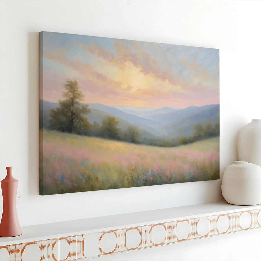 Mountain Landscape Wall Art | Pastel Sunset Over Wildflower Field | Premium Canvas Print | Living Room Decor Gift